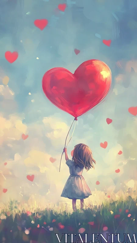 Girl Holding Giant Heart-Shaped Balloon Among Floating Hearts.