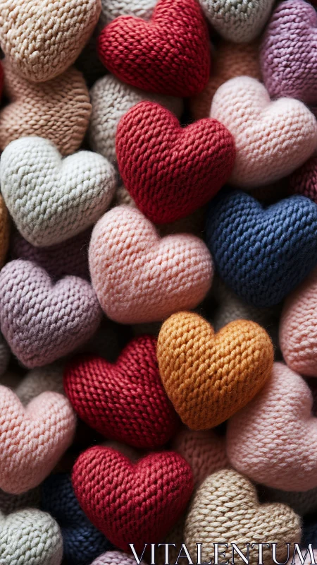Knitted Heart-Shaped Objects in Multiple Yarn Colors.
