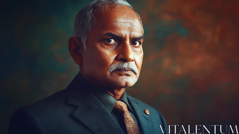 Stoic elder in formal suit under cinematic portrait lighting.
