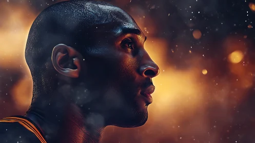 Side-profile athlete portrait in cinematic bokeh illumination.