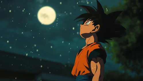 Anime warrior gazes at glowing moon in quiet night rain