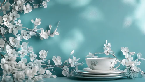 Porcelain teacup and plates arranged with white blossoms