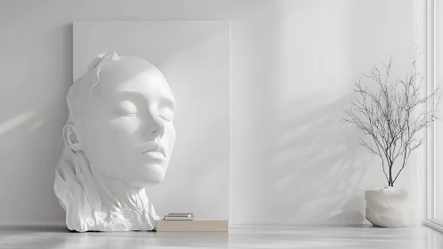 Minimalist white studio displays serene oversized face sculpture
