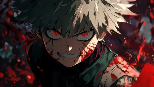 Bloodstained anime fighter stares forward with feral intensity