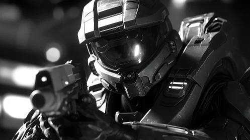 Armored sci fi soldier aims weapon in monochrome close view