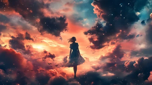 Girl silhouette floats amid luminous cosmic sunset clouds.