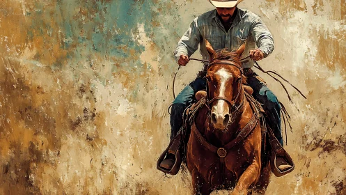 Mounted rider on brown horse against textured backdrop.