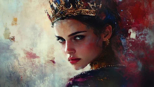 Regal young queen in jeweled crown amid abstract color storm.