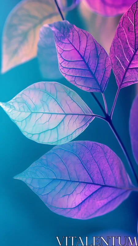 Iridescent leaf macro with cyan magenta bokeh gradient lighting