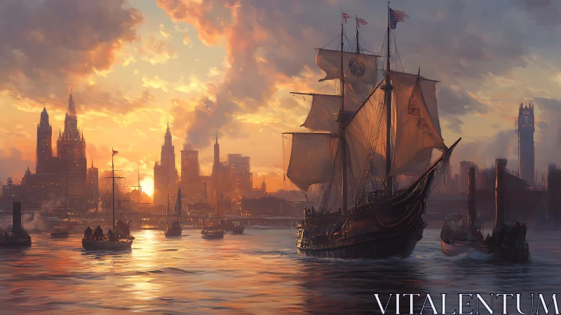 Tall ship at sunset approaching glowing industrial skyline.