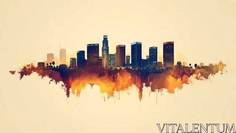 City skyline rises above abstract orange watercolor band