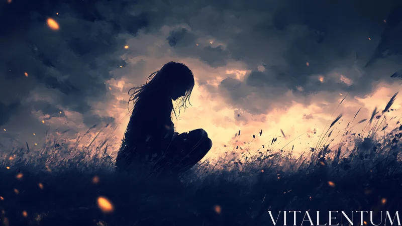 Quiet silhouette in a glowing stormlit twilight field.