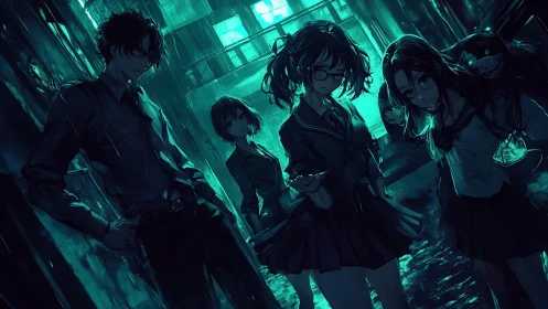 Rain-soaked anime quartet in teal monochrome alleyway lighting