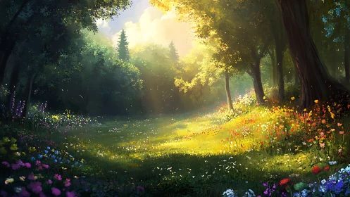 Enchanted Forest Clearing with Golden Sunlight and Wildflowers.
