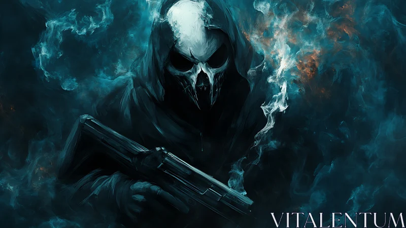 Hooded skull gunman emerging through swirling blue smoke.