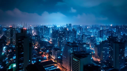 High-density night skyline uses cyan lighting and deep atmospheric haze