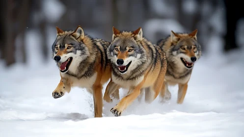 Playful wolf pack dashing through soft winter snow together.