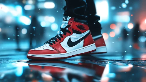 Street sneaker closeup glows over neon soaked wet pavement.