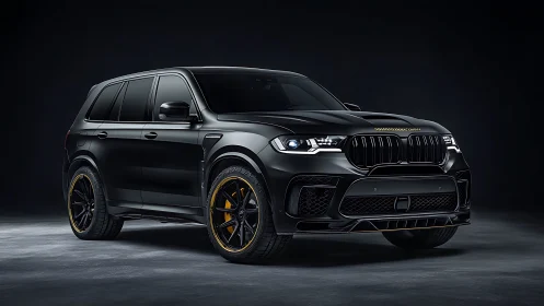 Sleek black SUV glowing with bold golden accents at rest.