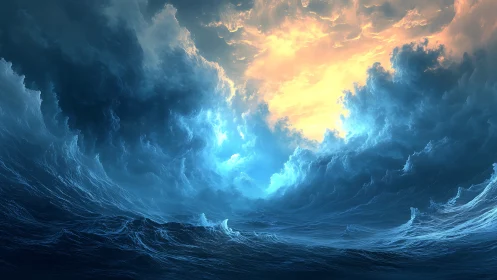 Storm-tossed ocean converges beneath blazing celestial sky