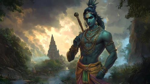 Blue-skinned deity figure before riverside temple landscape.