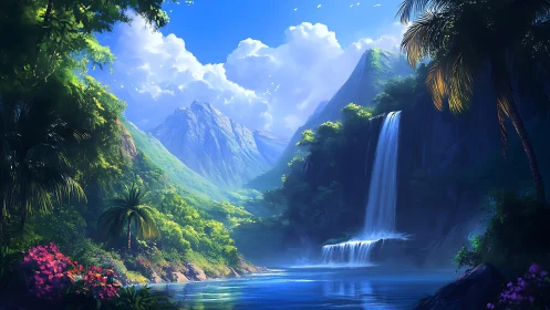 Tropical waterfall valley with forest, river and mountains.