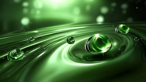 Emerald droplets glide like liquid planets across glowing waves