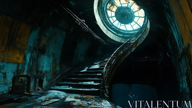 Decayed spiral staircase climbs toward a shattered skylight.