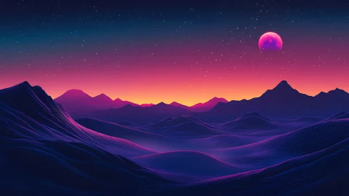 Neon dunes roll beneath a magenta moon in alien twilight