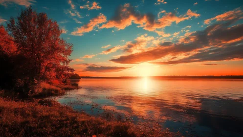 Sunset paints lakewater copper while autumn trees quietly glow