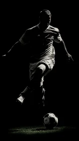 Silhouetted soccer striker controls ball under hard light.