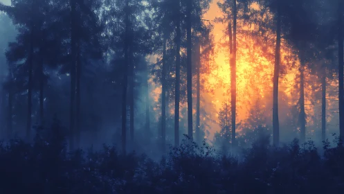 Forest landscape with coniferous trees illuminated by atmospheric light