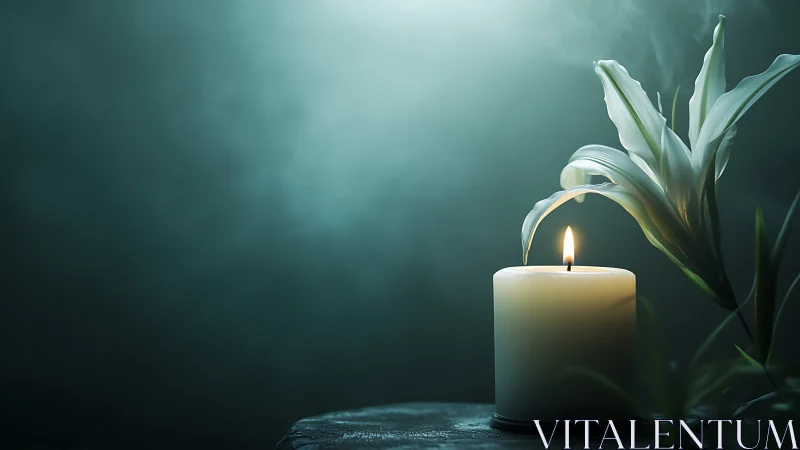Lit Candle with White Lily. Serene Memorial Composition.
