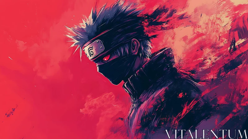 Masked anime ninja with glowing eye in red abstract background