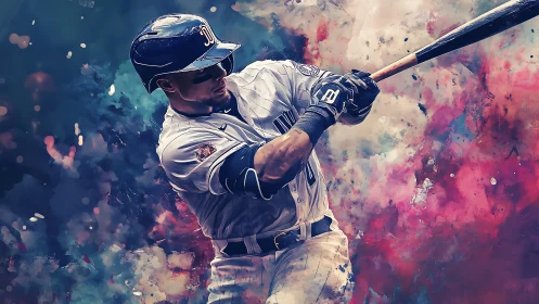Baseball batter swinging bat amid abstract color field.