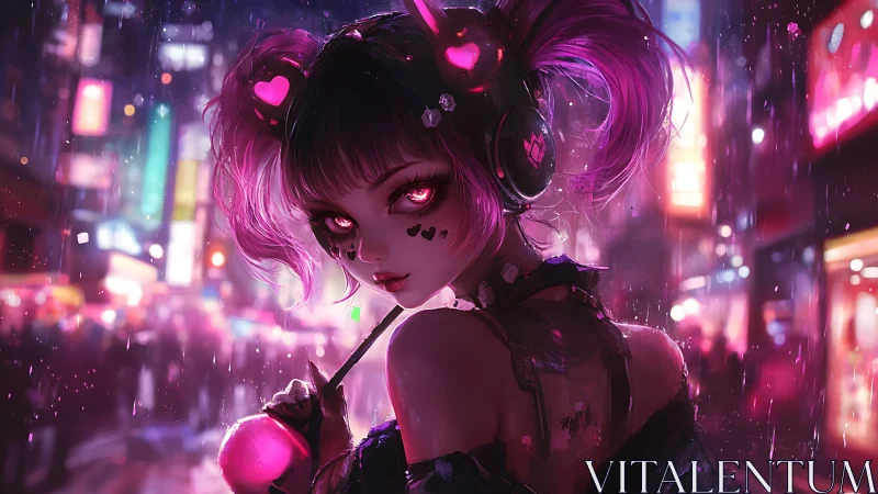 Neon cyberpunk girl with glowing headset in rainy cityscape