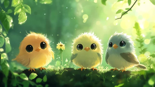 Three Adorable Cartoon Birds in Sunlit Forest Setting.