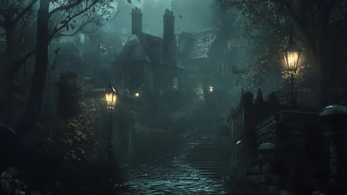 Moody digital painting of mist-shrouded Victorian manor path.