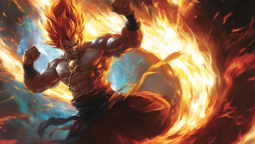 Blazing warrior erupts in swirling inferno of unleashed power.