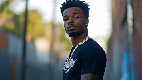 Confident young man in city alley with warm golden light.