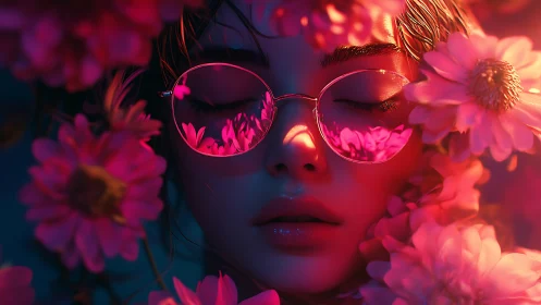 Dreamy neon blossoms reflected in soft pink glasses.