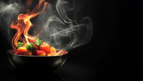 Flaming vegetable dish in black bowl against dark background.