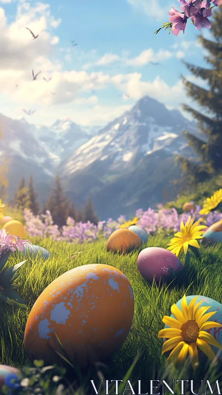 Digital painting of Easter meadow with alpine panoramic depth.