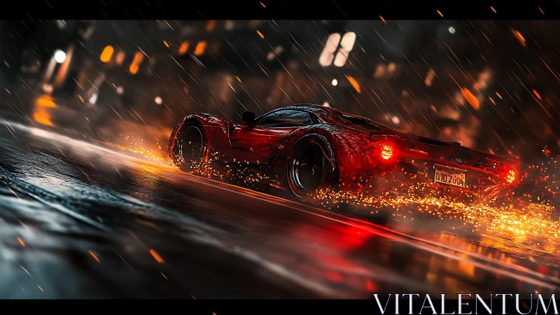 Red street racer glowing through the rain soaked night.