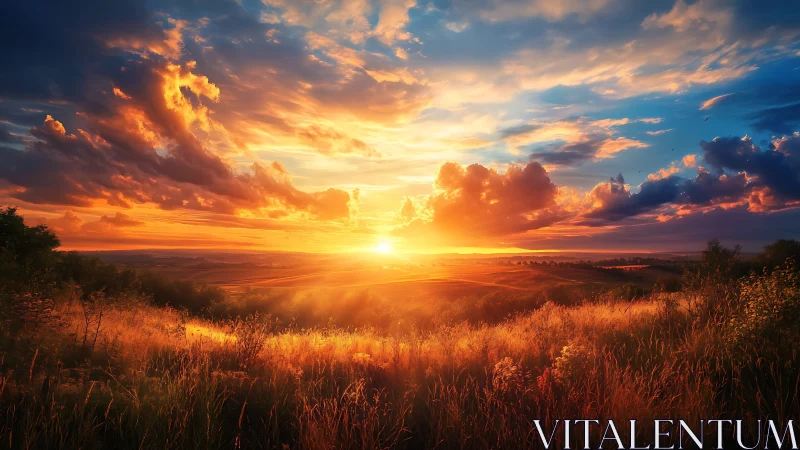 Sunset over rural fields with illuminated grass foreground.