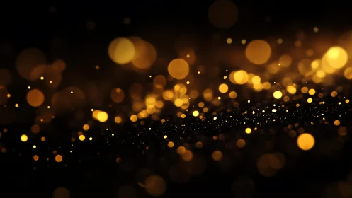 Golden bokeh lights with dark background, abstract festive style.