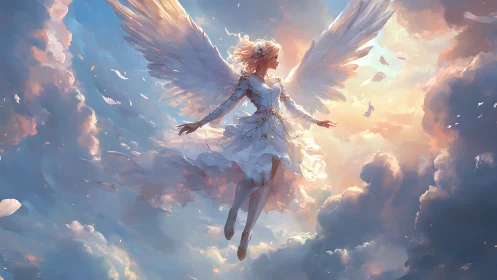 Radiant winged angel ascends through iridescent celestial cloudscape