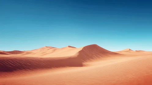 Sunlit desert dunes roll beneath a vast clear blue sky