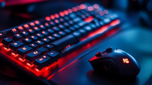 RGB gaming keyboard and mouse in neon bokeh lighting setup.