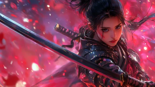Crimson petals swirl around poised anime samurai warrior.